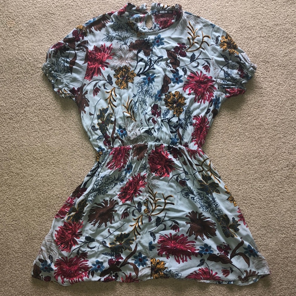 Autumn Fall floral dress Mock Turtle Neck Short Sleeve